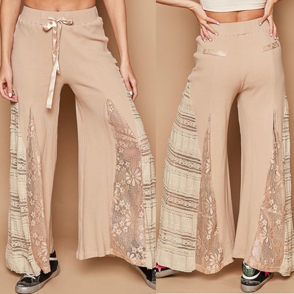 POL Pants - 339. POL LAST 1! Wide Leg Pant & Lace Dress Top Tan Pull On Drawstring 2 Piece